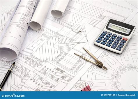 Engineering Drawing Compass Calculator Pen - Close Up Stock Photo - Image of mechanical, graphic ...