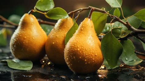 Premium AI Image Fresh Pear Fruit With Water Droplets On Branch In