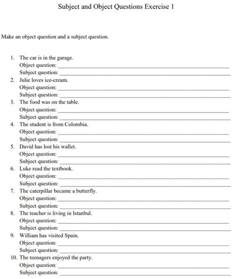 Subject And Object Questions Exercises Elementary Subject An