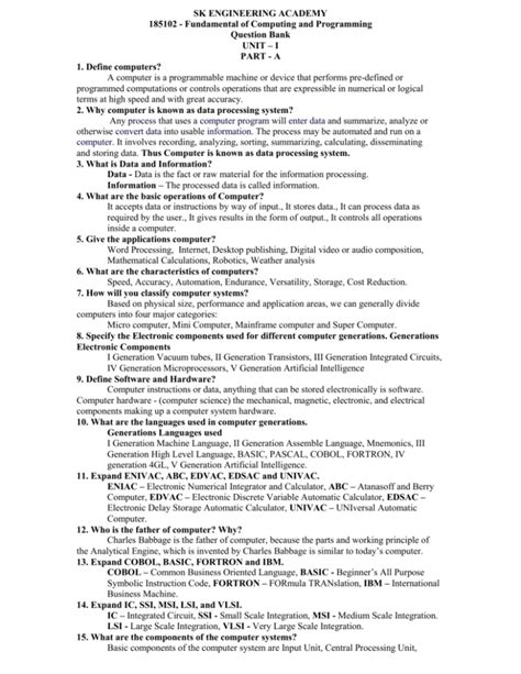 CSE Sem 1 Question Bank 2 FUNDAMENTALS OF COMPUTING