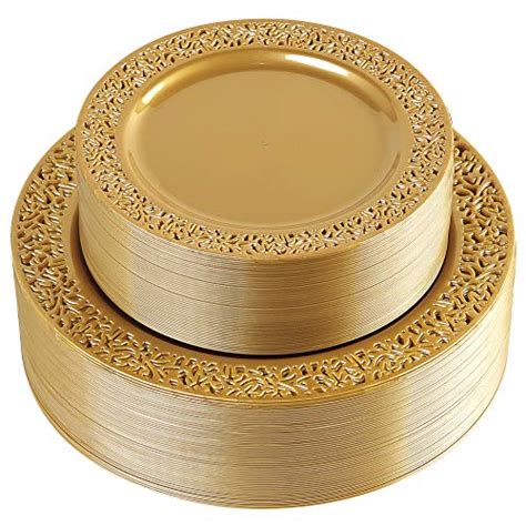 I00000 102 Pcs Brown Gold Plastic Plates Lace Design Disposable Plates Bpa Free Plates