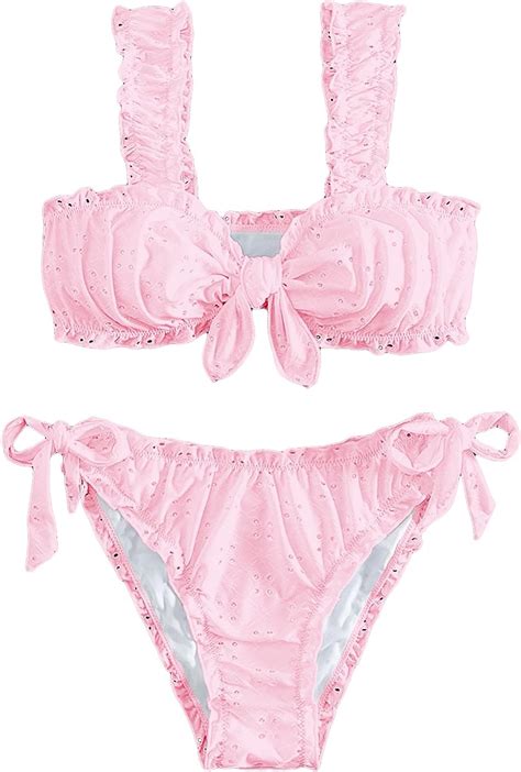 Shenhe Womens 2 Piece Cute Ruffle Swimsuit Knot Front Eyelet Tie Side Cut Bikini