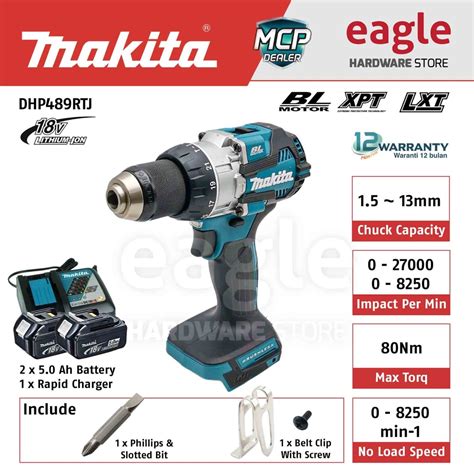 Makita Dhp489rtj 13mm 1 2 18v Brushless Cordless Hammer Driver Drill Dhp489 Shopee