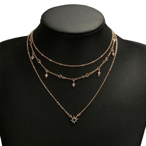 Buy Fashion Crystal Pendant Choker Necklace Three Layer Star Drop Necklace