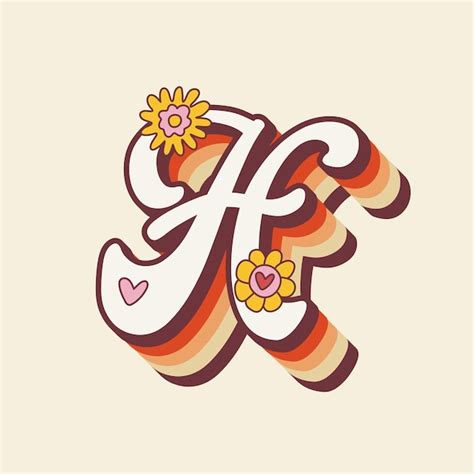 Premium Vector Groovy Retro Hippie Stylized Initial Letter H With Flowers Seventies Letter For