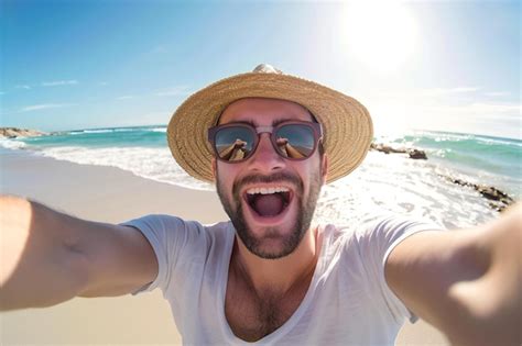 Premium Photo Excited Handsome Man Taking Selfie In The Beach