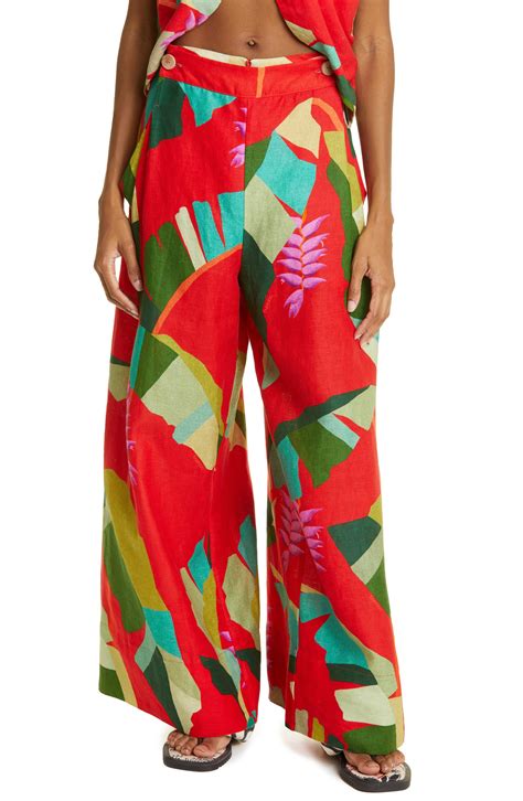 Farm Rio Heliconia Floral Print Wide Leg Linen Pants In Red Lyst