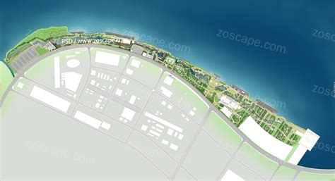 滨水风光景观游览带 滨江带状公园景观设计PSD平面图 PSD彩平 ZOSCAPE 建筑园林景观规划设计网