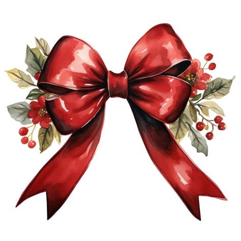 Christmas Decoration Red Bow Watercolor Illustration Isolated On White