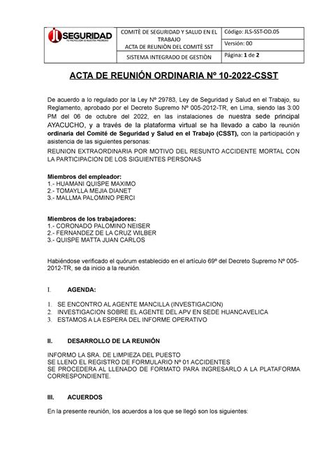 4 Acta mensual de Comite SST COMITÈ DE SEGURIDAD Y SALUD EN EL