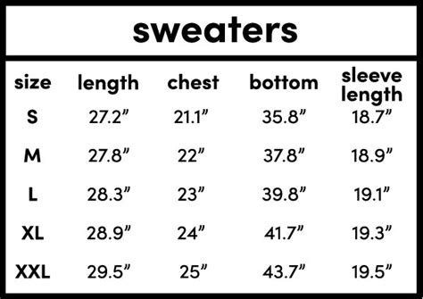 Sweaters Sizing Chart