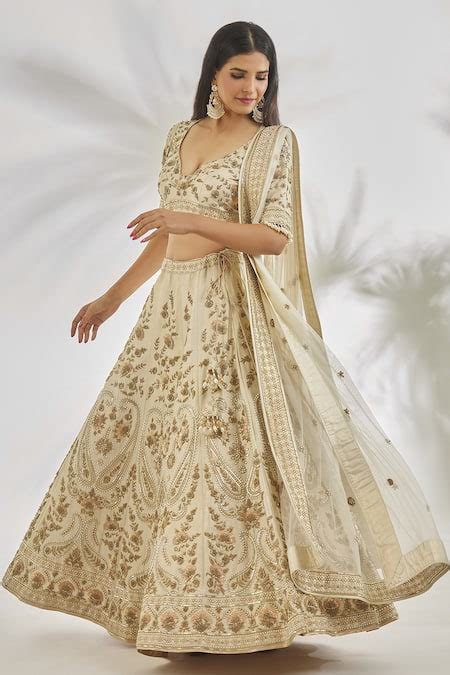 Buy Ivory Dupion Silk Embroidered Zardozi Cut Out Paisley Bridal