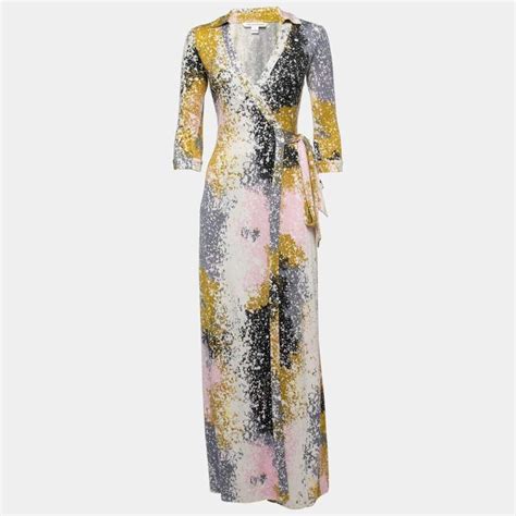 Diane Von Furstenberg Multicolor Printed Jersey Silk Maxi Wrap Dress S