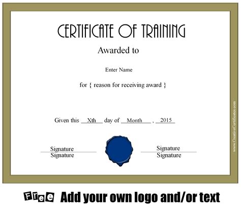 Free Certificate Of Training Template Customizable