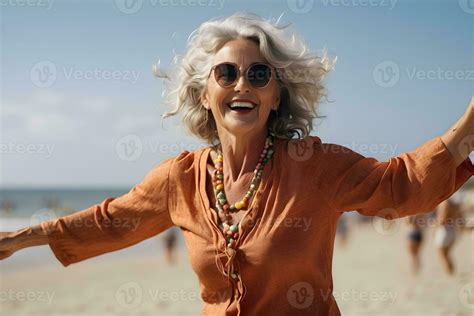 Happy Mature Woman At The Beach Natural Lifestyle Enjoying The Sunny Weather Generative AI