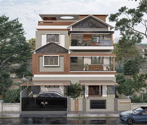 A Car Is Parked In Front Of A Three Story House