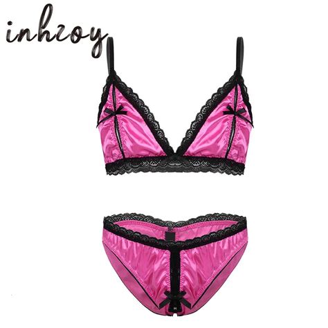 Hot Sexy Men Sissy Lencer A Set Satin Lace Nipples Bare Poder Sujetador Con Perspectivas Abrir