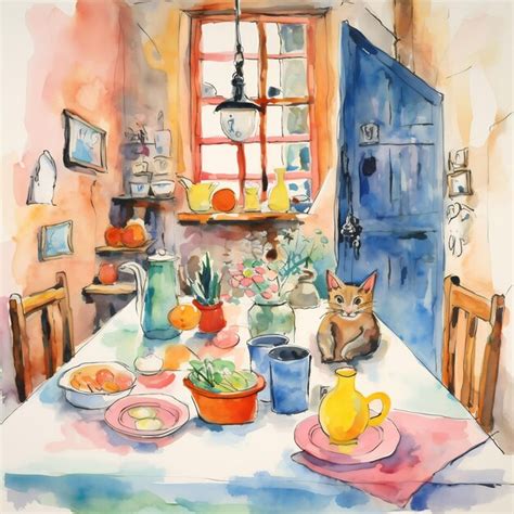 Premium AI Image | a painting of a cat sitting at a table with a plate ...