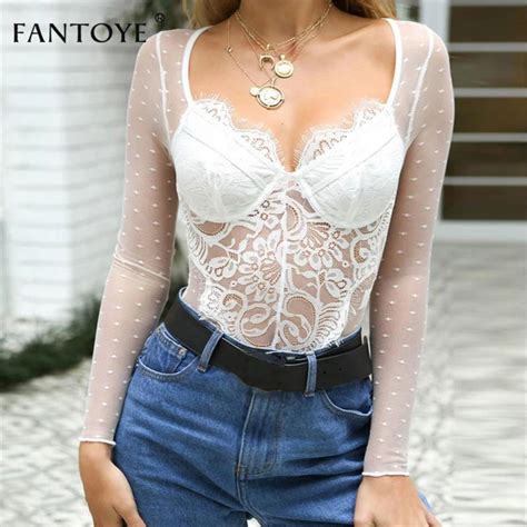 Buy Fantoye White See Through Sexy Lace Bodysuit Women