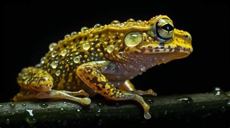 Premium Photo | A yellow and black spotted frog sits on a branch.