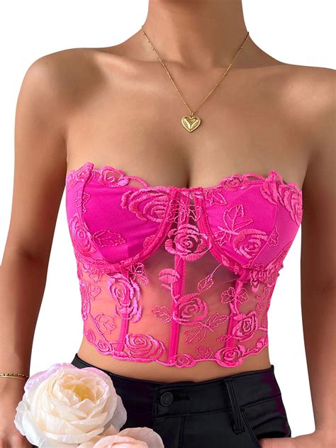 QAFOPEH Women Lace Strapless Corset Top Mesh Rose Boned Bustier Lingerie Walmart
