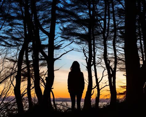 Premium AI Image | a silhouette of a person standing in the woods at sunset