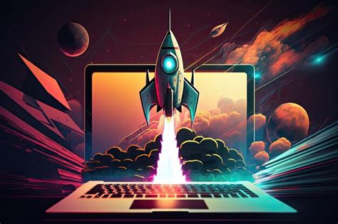 Premium Photo A Computer With A Rocket Launching Into Space