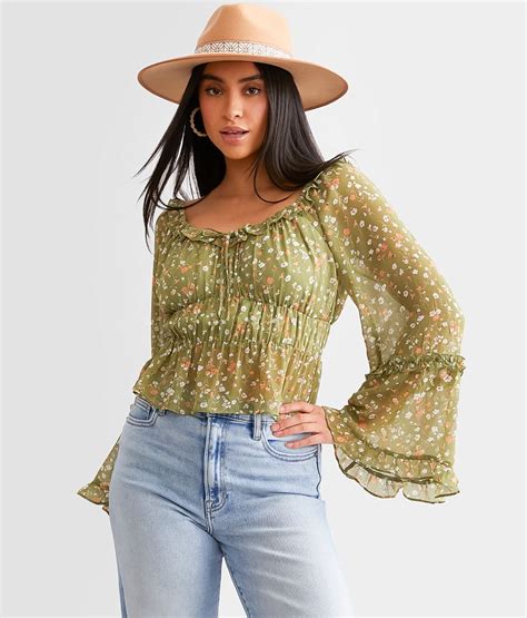 Willow And Root Floral Ruffle Top Womens Shirts Blouses In Olive Buckle