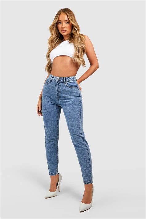 Basics High Waisted Slim Fit Mom Jeans Boohoo Uk