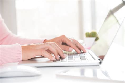 Closeup Female Hands Typing On Laptop Keyboard Woman Working At Home