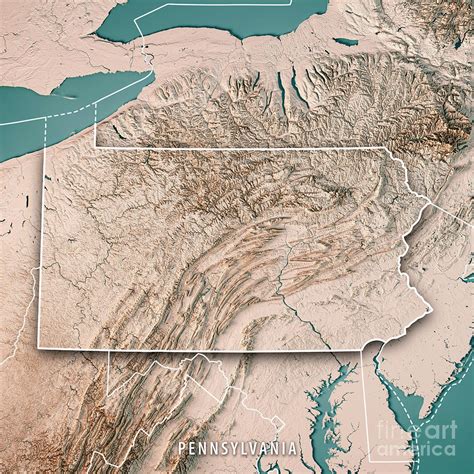 Pennsylvania State USA 3D Render Topographic Map Neutral Border Digital ...