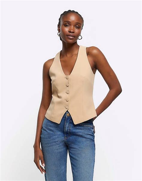 River Island Button Front Waistcoat In Beige Asos