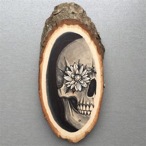 Wood Slice With Original Drawing Of A Human Skull And Flower Etsy