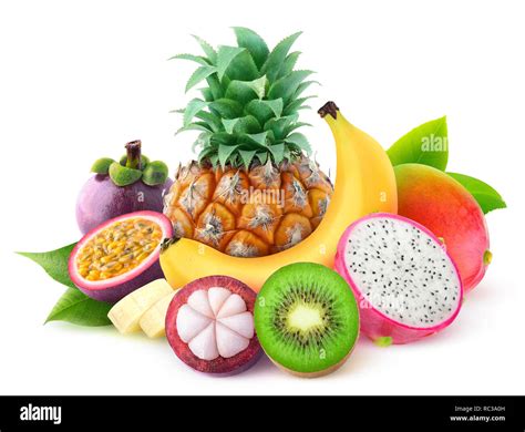 Isolated Tropical Fruits Pineapple Banana Mango Kiwi Mangosteen