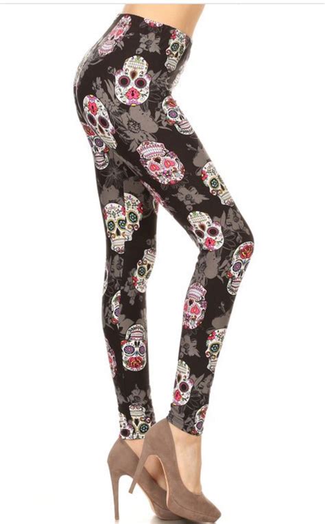 Womens Black Day Of The Dead Leggings Womens Skull Etsy