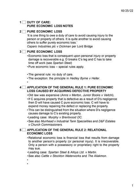 NEW Week 5 Pure Economic Loss Notes 10 25 1 DUTY OF CARE PURE