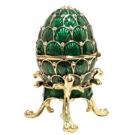 Faberge Inspired Green Egg With Stand Jeweled Crystal Trinket Box