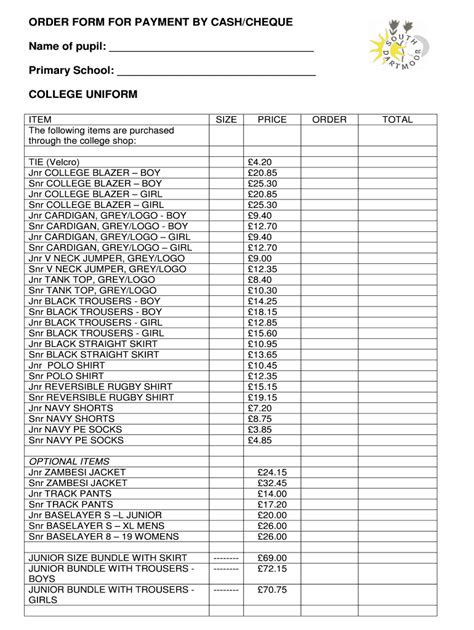 Fillable Online Southdartmoor Devon Sch ORDER FORM FOR PAYMENT BY CASH