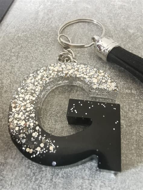 Black Resin Silver Glitter Letter Key Chain With Tassel Etsy