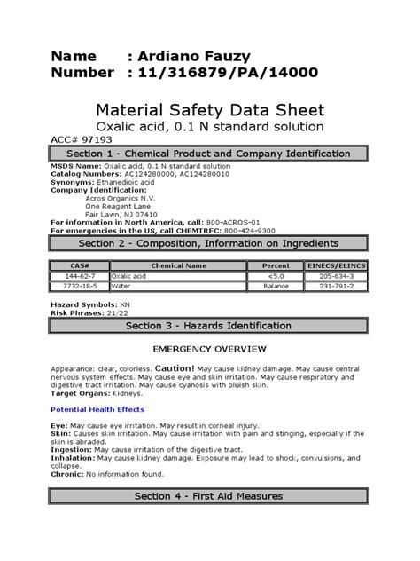 Material Safety Data Sheet For Oxalic Acid 0 1 N Standard Solution Pdf Dangerous Goods