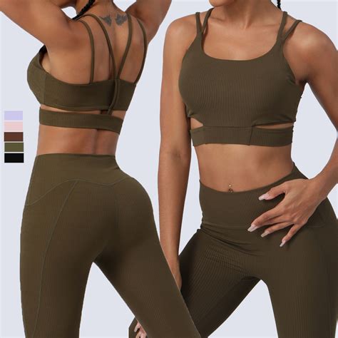 Yoga Set Seamless Sportswear High Impact Sports Bra Ribbed Leggings