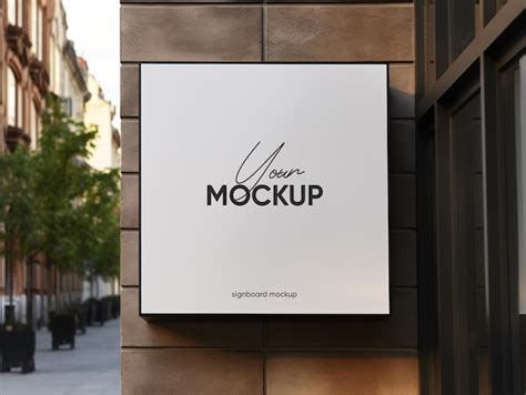 Premium Psd White Square Signboard Mockup In Outside For Logo Design