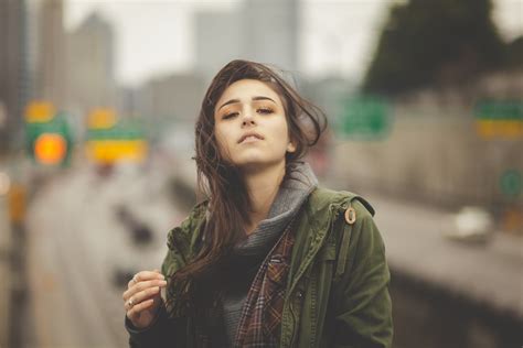 Model Alexandra Danilova Holding Hair Women Outdoors Gray Eyes