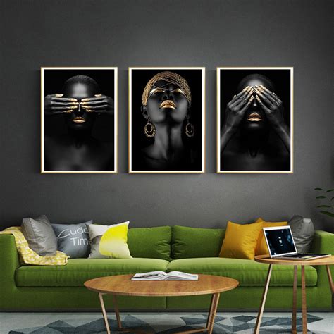 Black Gold African Woman Oil Canvas Art Scandinavian Living Room Decor