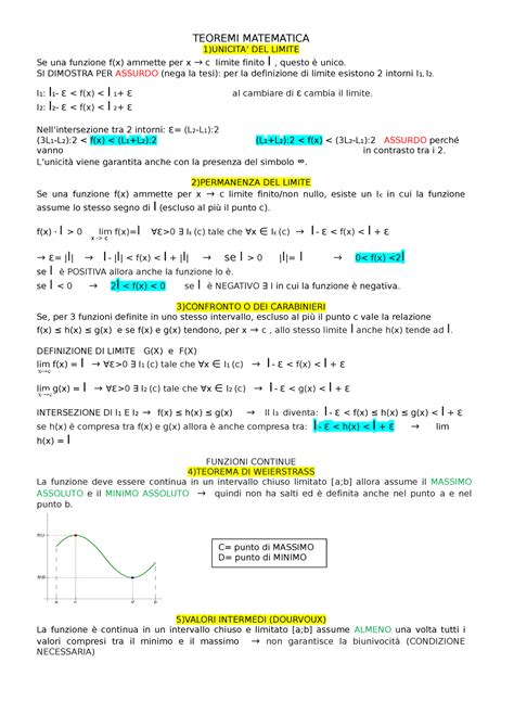 Teoremi Matematica TEOREMI MATEMATICA 1 UNICITA DEL LIMITE Se Una