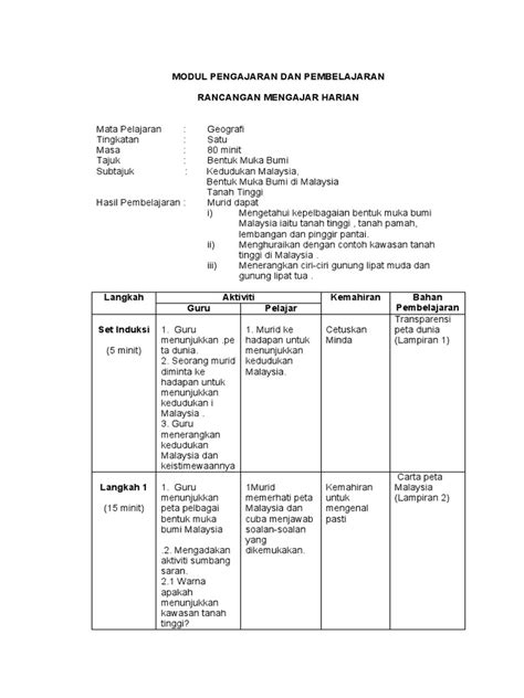 Modul Pengajaran Dan Pembelajaran Rancangan Mengajar Harian Pdf