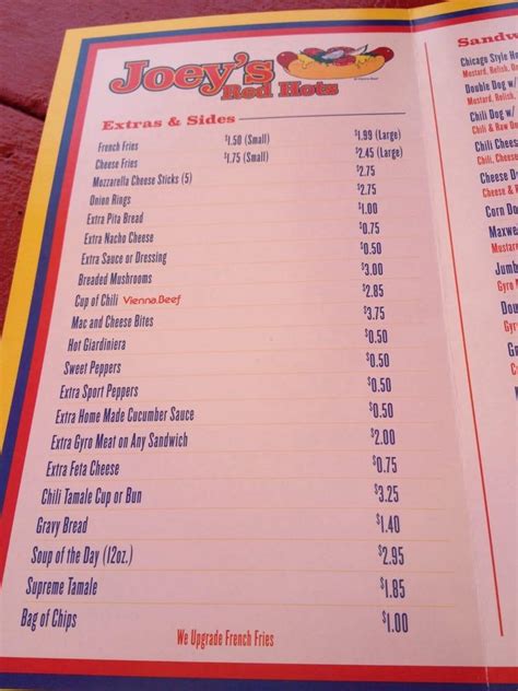 Menu At Joeys Red Hots Restaurant Orland Park