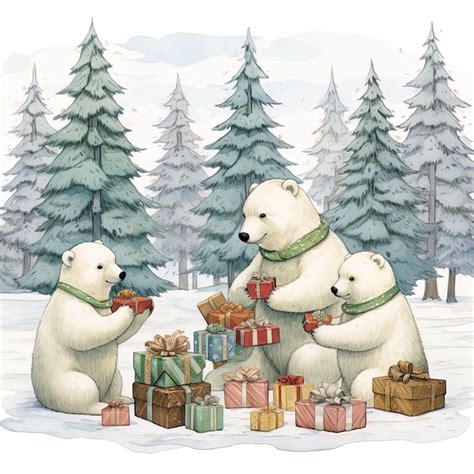 Ilustraci N De Un Grupo De Osos Polares Con Regalos En El Bosque