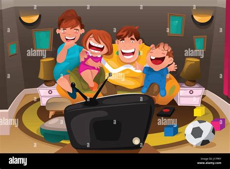 Una ilustración vectorial de feliz toda la familia viendo la televisión