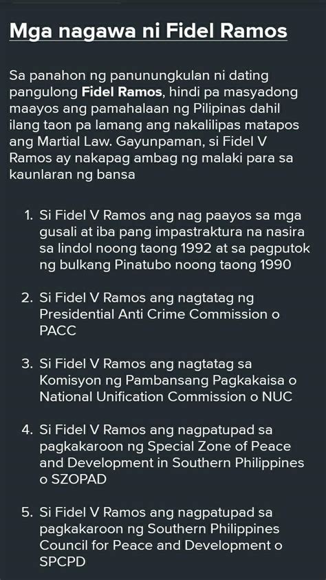 Ano Ang Nagawa Ni Fidel Ramos Sa Bansa Brainly Ph